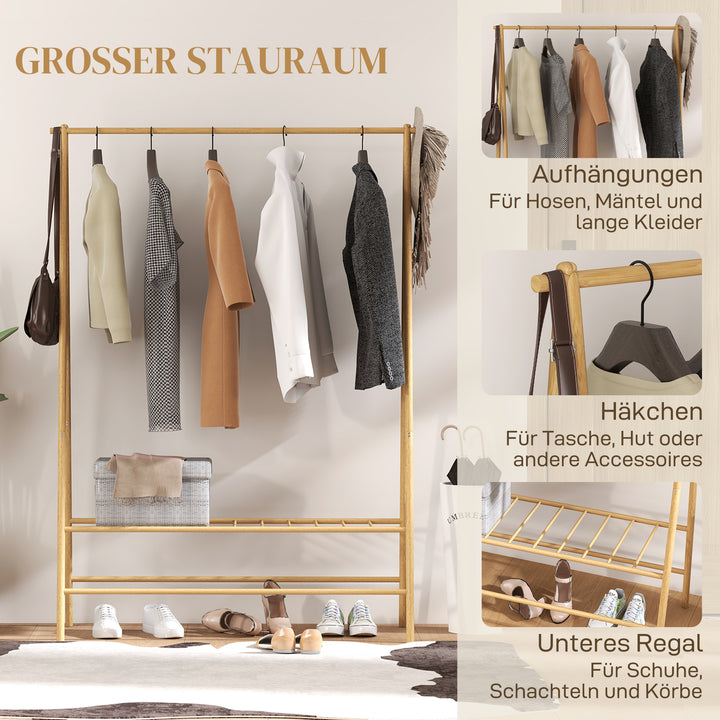 Bambus tøjstativ med skohylde og kroge, fritstående