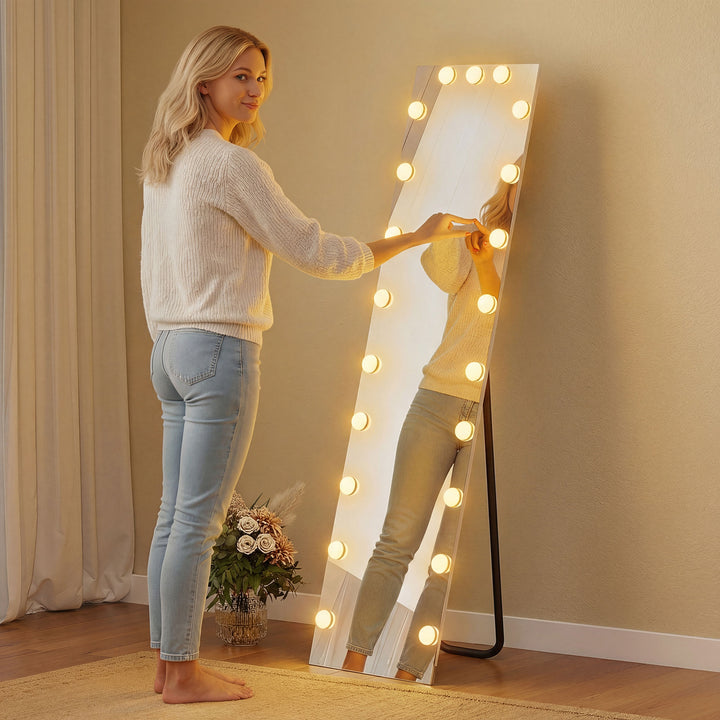 Helfigursspejl 150x40 cm RGB-LED stående spejl med 21 pærer, 7 lysfarver, touch-afbryder, hukommelsesfunktion
