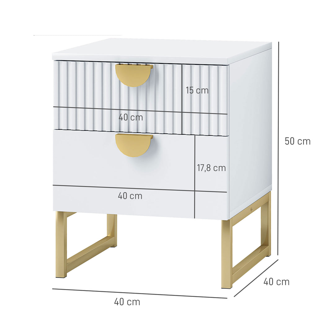 Natbord med 2 skuffer, elegante metalhåndtag i guld, 40 x 40 x 50 cm, hvid