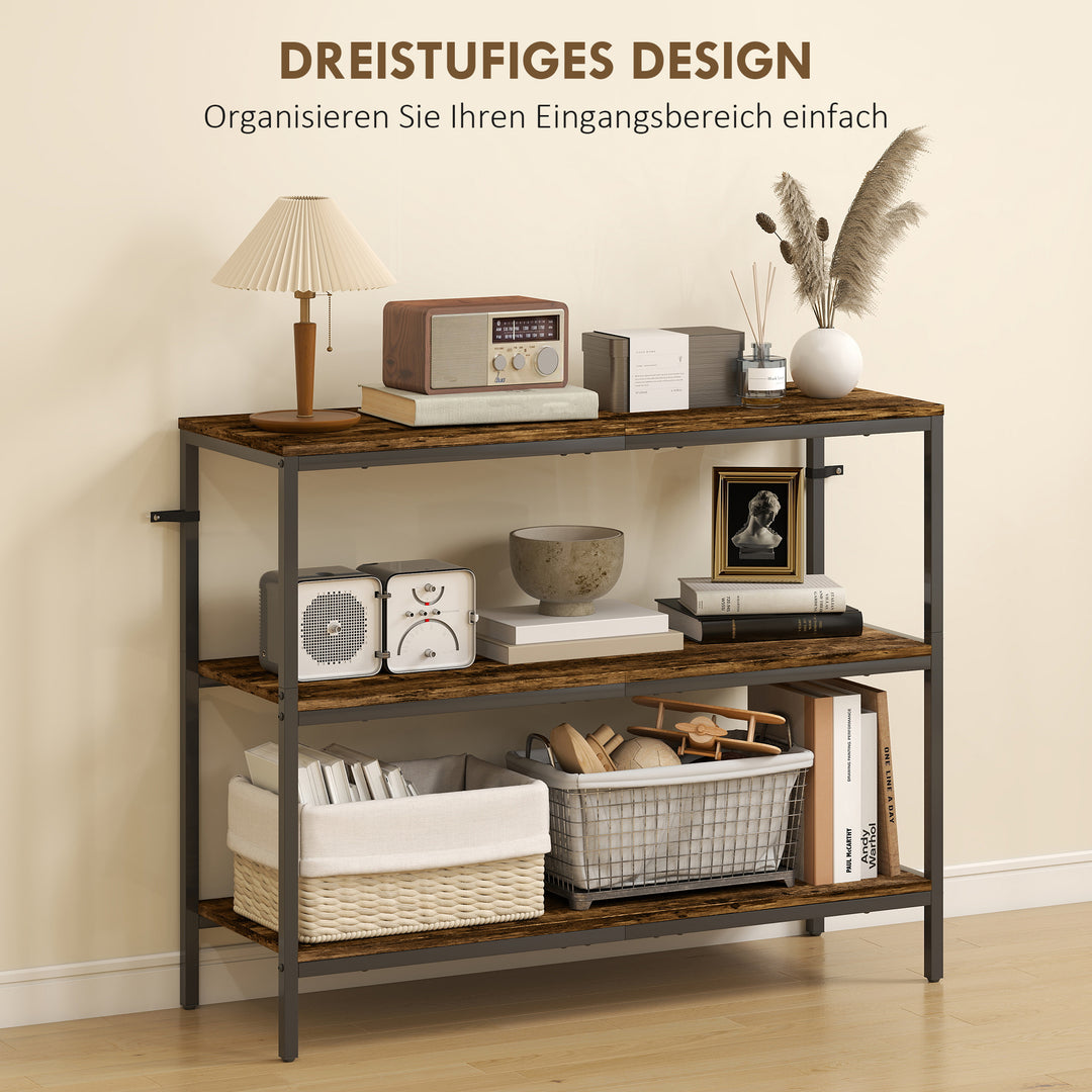 Konsolbord, sidebord med 3-lags hylde, spånplade, metal, lysebrun