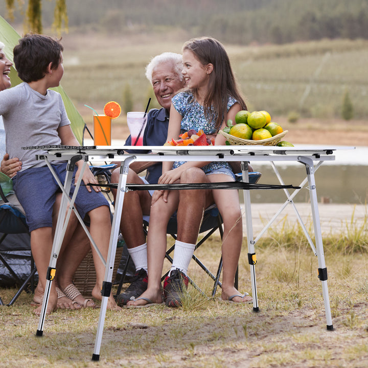 Picnic klapbord, sammenklappeligt bord, højdejusterbart campingbord, inkl. bæretaske, aluminium, sølv, 120 x 69 x 59-78 cm