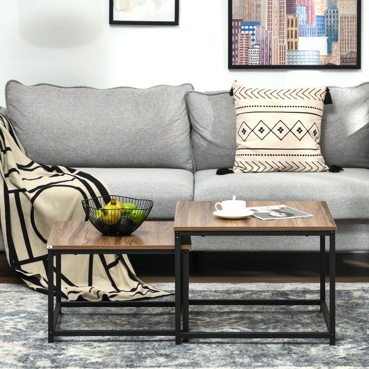 Indskudsbord sæt med 2 sideborde, industridesign, sort stålstel, bordplade i trælook