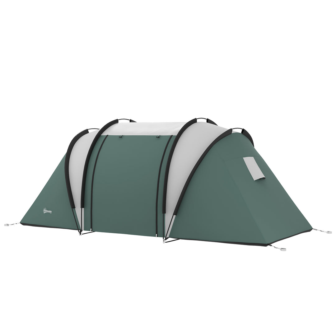 Campingtelt til 4-5 personer, let vandafvisende familietelt med 3 rum, sidedør, vindue, mørkegrøn