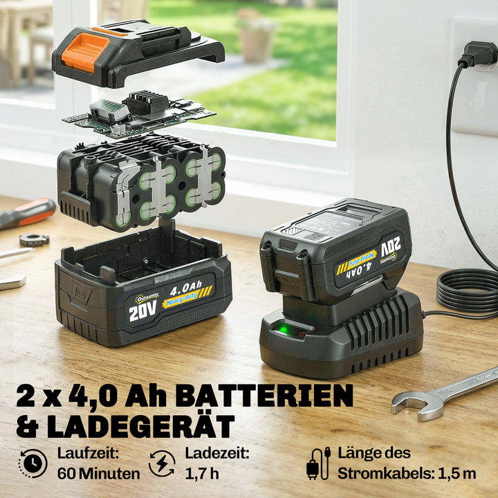 21V batteridrevet græstrimmer/buskrydder med 2 x 4,0 Ah batterier, oplader, 25 cm klippebredde, justerbart teleskophåndtag