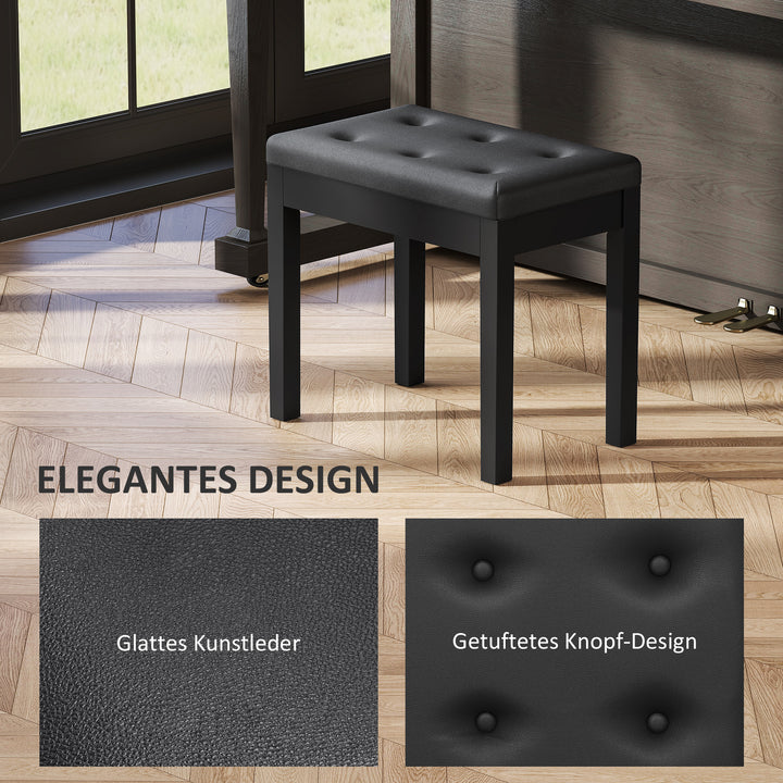 Klaverbænk, kunstlæderbetræk, quiltede knapper, opbevaringsplads, træben, sort