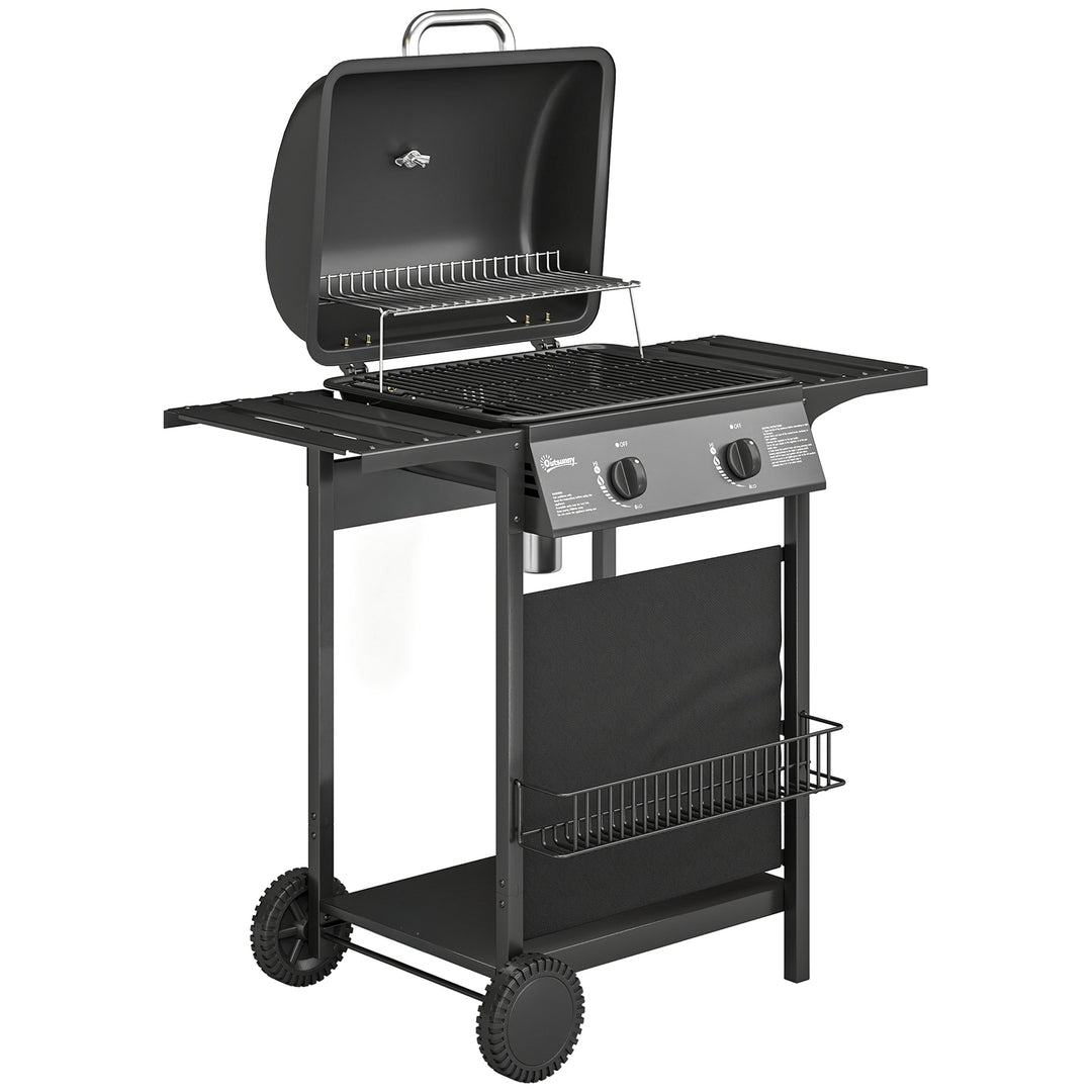 Gasgrill 5 KW 2 brændere BBQ grillvogn rustfrit stål inkl. sidebord, nederste kurv, frontlåg, termometer, emaljeret grillrist