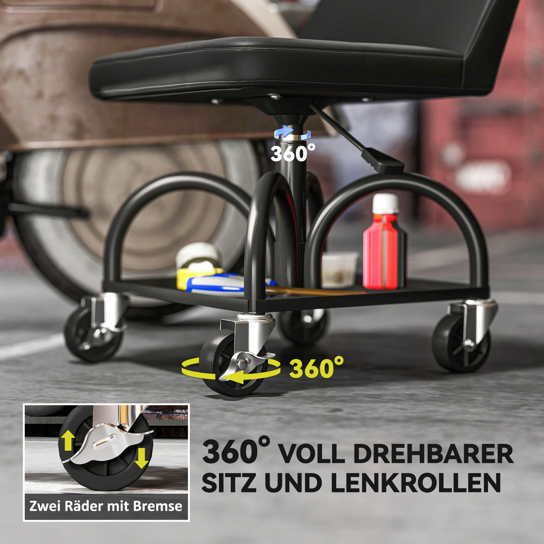 Værkstedsskammel med hjul, opbevaringsplads, 58,5 cm høj, rulleskammel, lasteevne op til 135 kg, sort