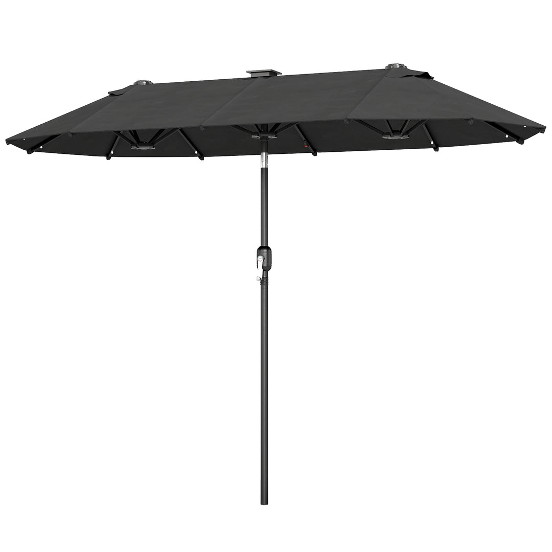 Dobbelt parasol, terrasseparasol, vipbar, med solpanel, 35 LED'er, stålramme, grå, 2,92 x 1,50 x 2,18 m