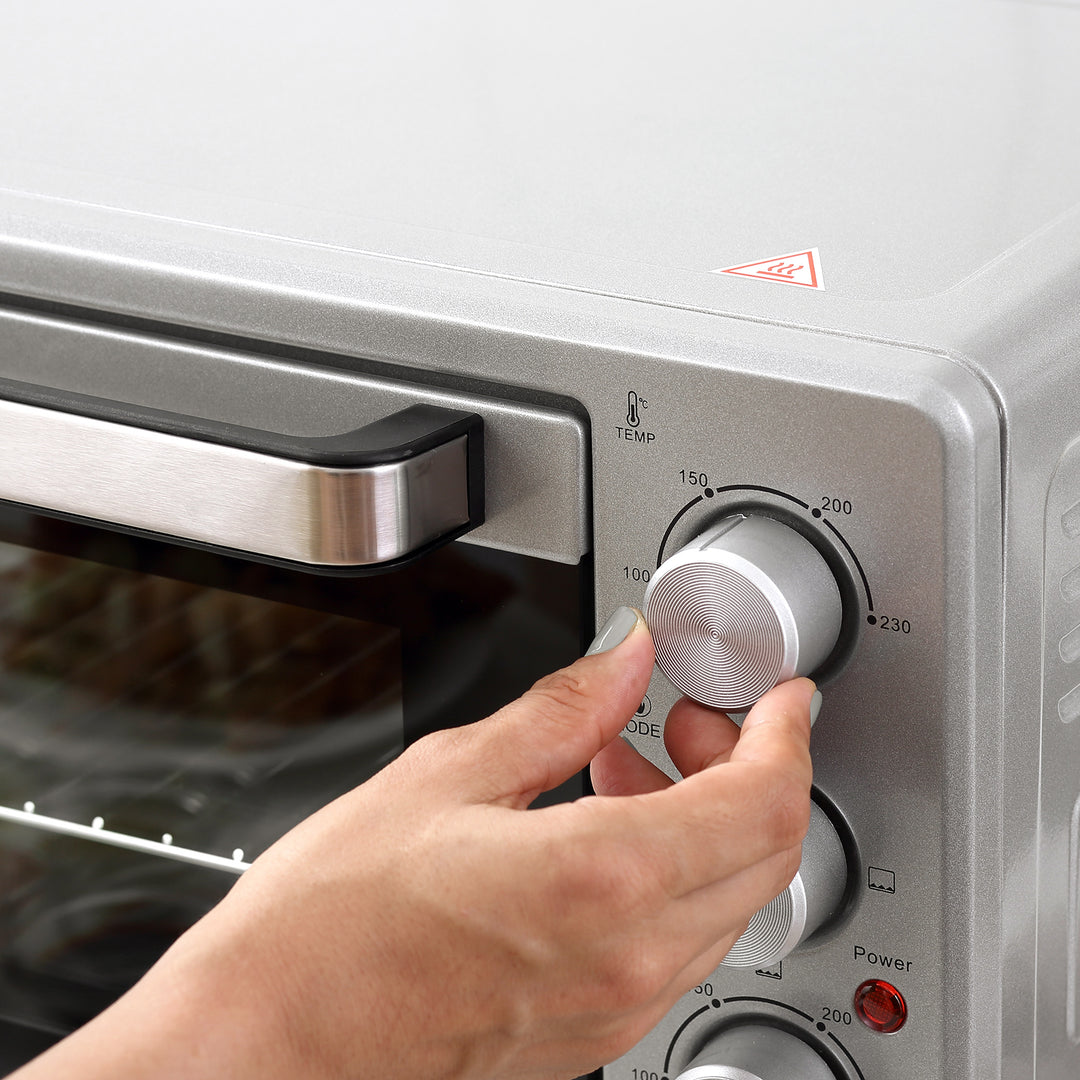 Miniovn 32l 100°c-230°c 1600 w miniovn med bageplade krummebakke grillrist og 3 tilberedningstilstande pizzaovn med timer bagepladehåndtag rustfrit stål sølv