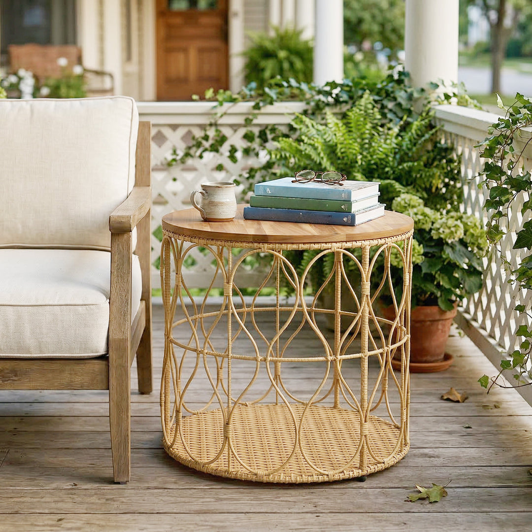Sidebord Ø50 cm, vejrbestandigt havebord med rattan-look, bordplade i akacietræ, justerbare fødder, teak