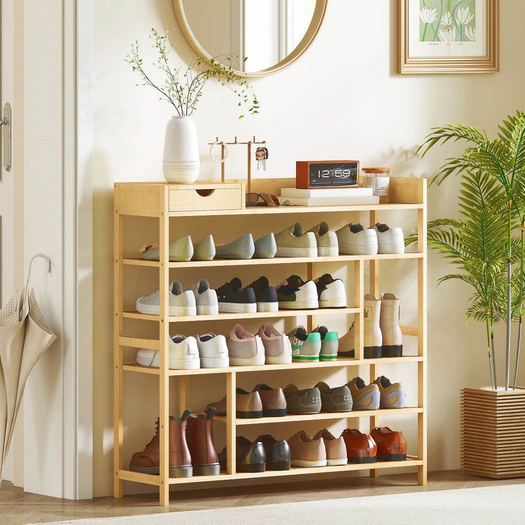 Skoreol, skostativ med bambusskuffe, til 18 par sko, 101 x 30 x 100 cm, naturfarvet