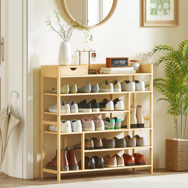 Skoreol, skostativ med bambusskuffe, til 18 par sko, 101 x 30 x 100 cm, naturfarvet