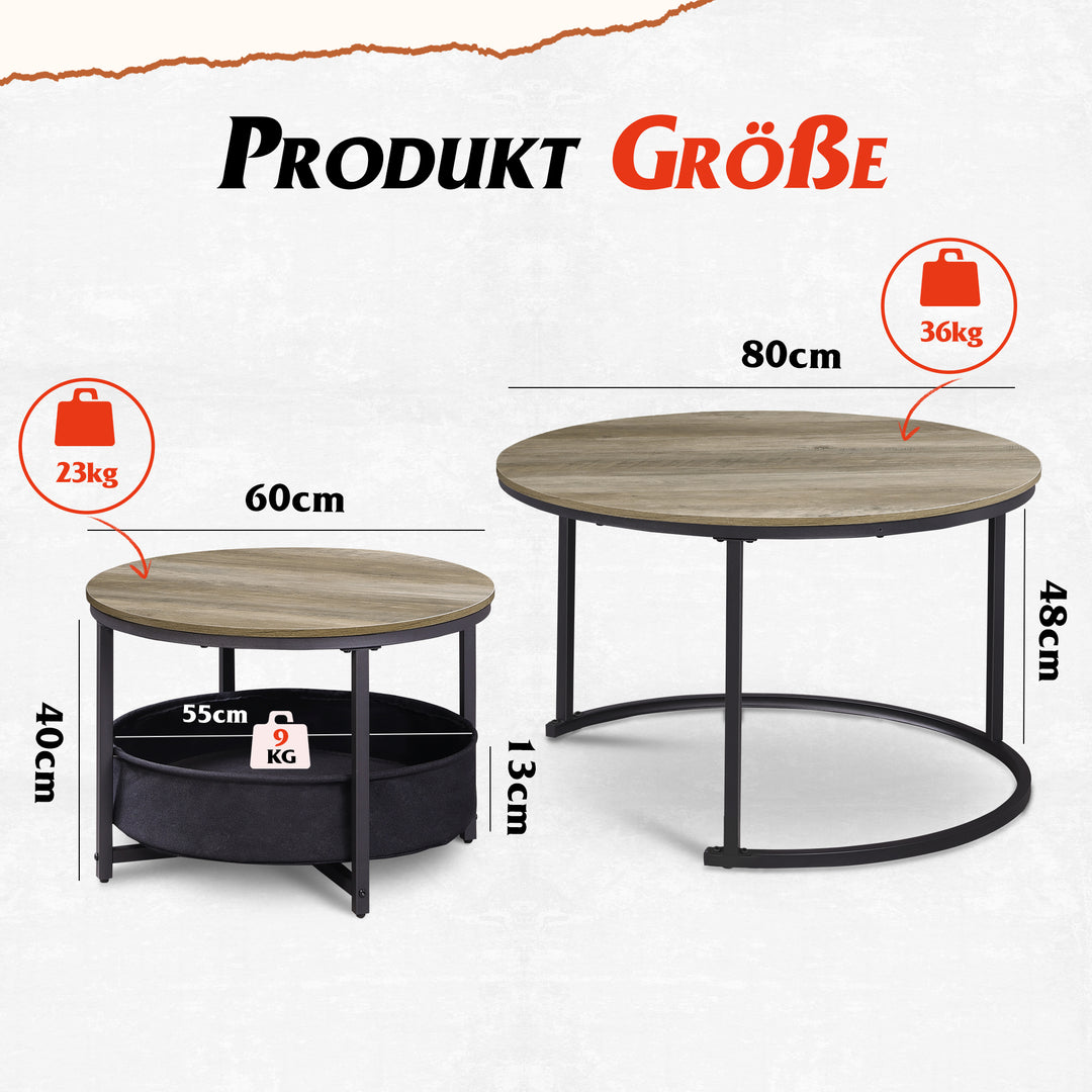 WLIVE rund dækkeservietsæt i to dele med moderne design og stofkurv, borddiameter 80 cm, velegnet til soveværelser og hjemmekontorer, grå eg