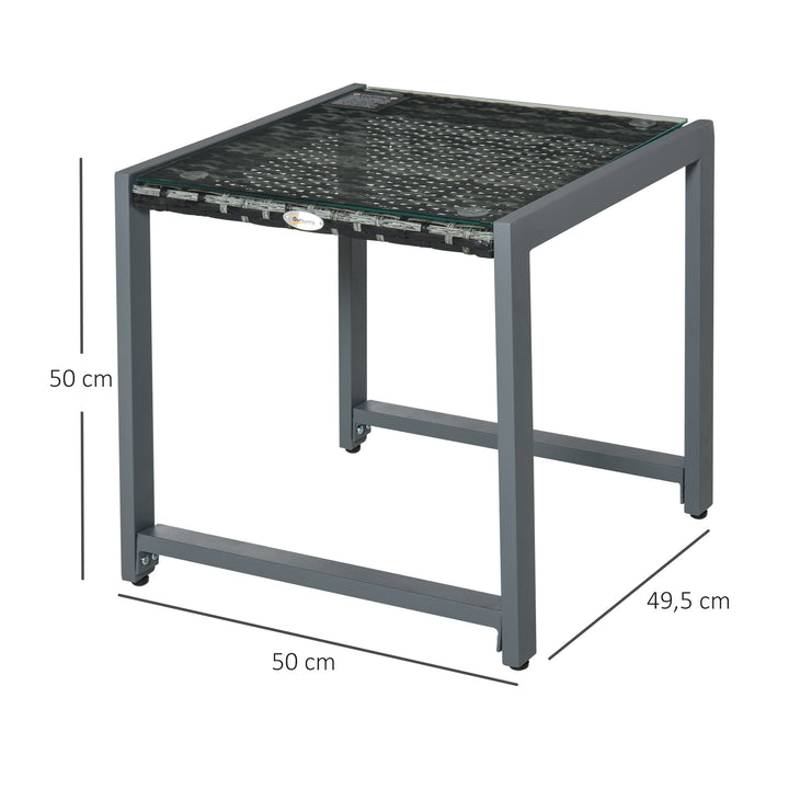 Havebord, havesidebord, havemøbler med hærdet glas, polyrattan + aluminium, grå, 50 x 49,5 x 50 cm
