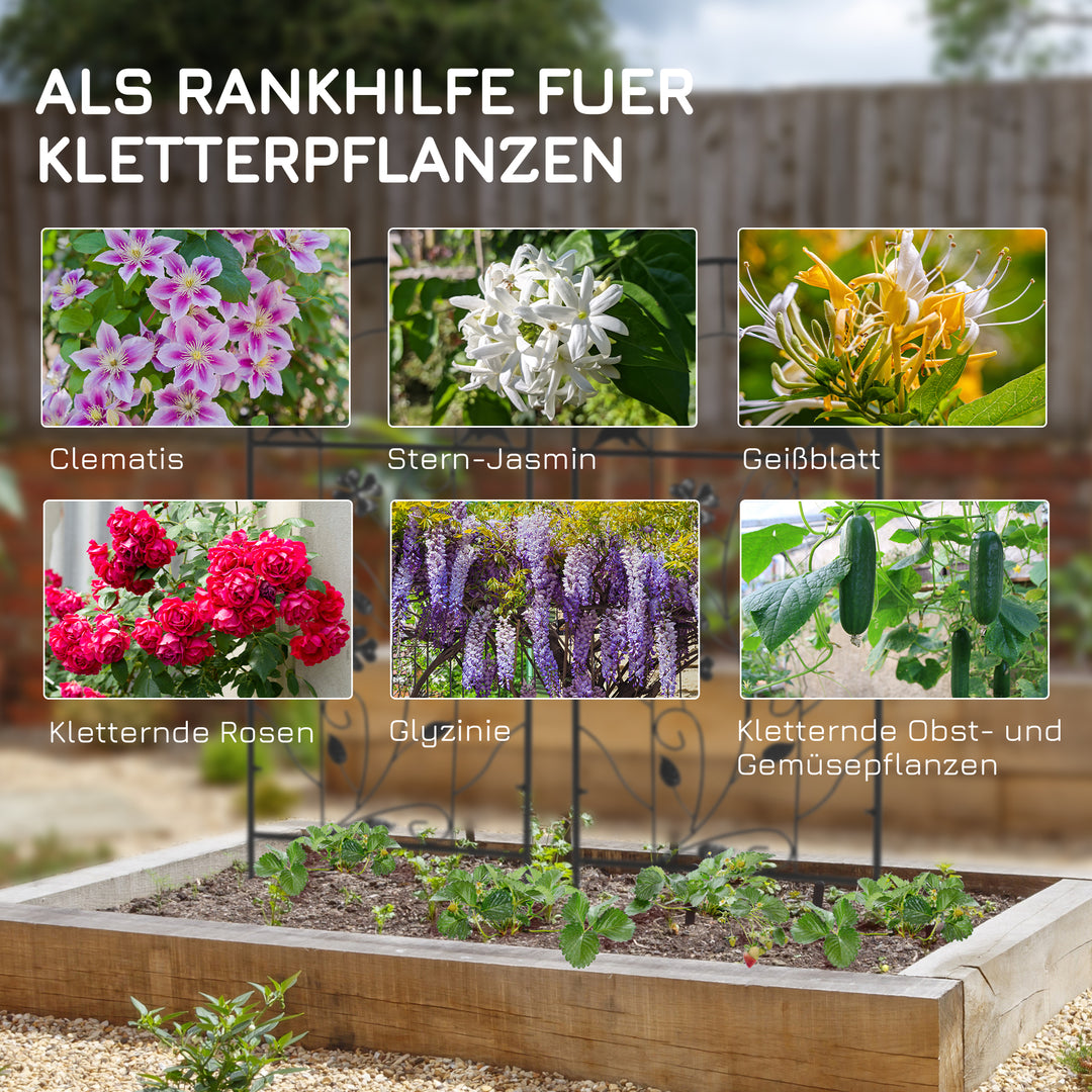 Sæt med 2 metalespalierer med fugle- og kløverdekoration til have og terrasse, sort, 38 x 98 cm