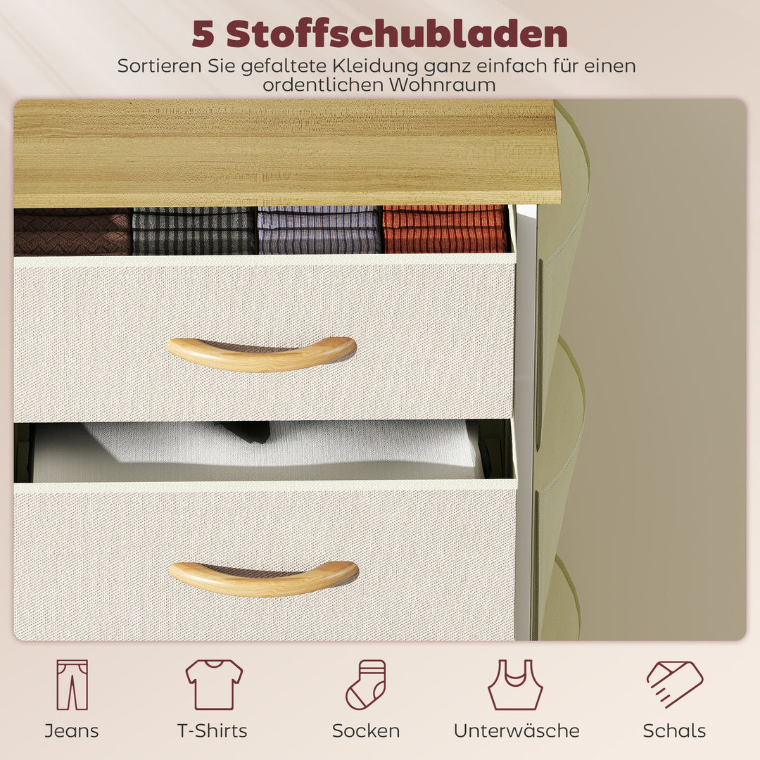 Kommode med 5 skuffer i fiberdug med kroge, beige