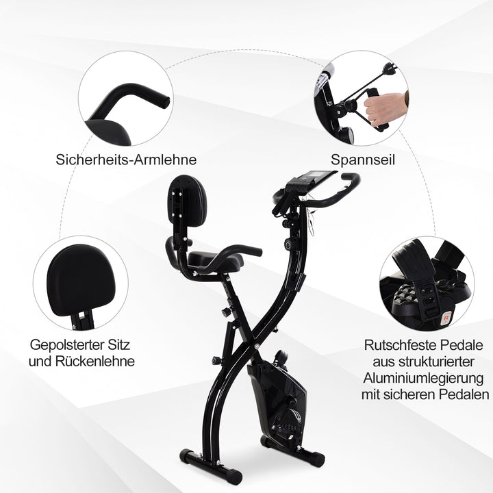 X-bike 2-i-1 motionscykel med lcd-skærm, pulsmåler, foldbar motionscykel med 8 niveauer af magnetisk modstand, 1 par spændereb, stål, sort, 105 x 48 x 118 cm