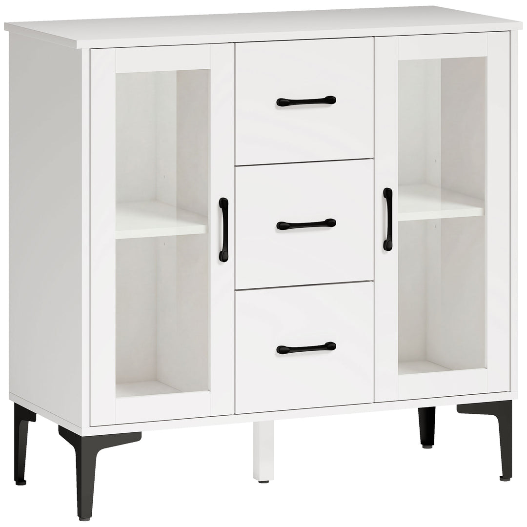Moderne skænk med soft-close døre, buffetskab med 3 skuffer, 2 vitrinedøre, justerbare hylder, MDF, hvid