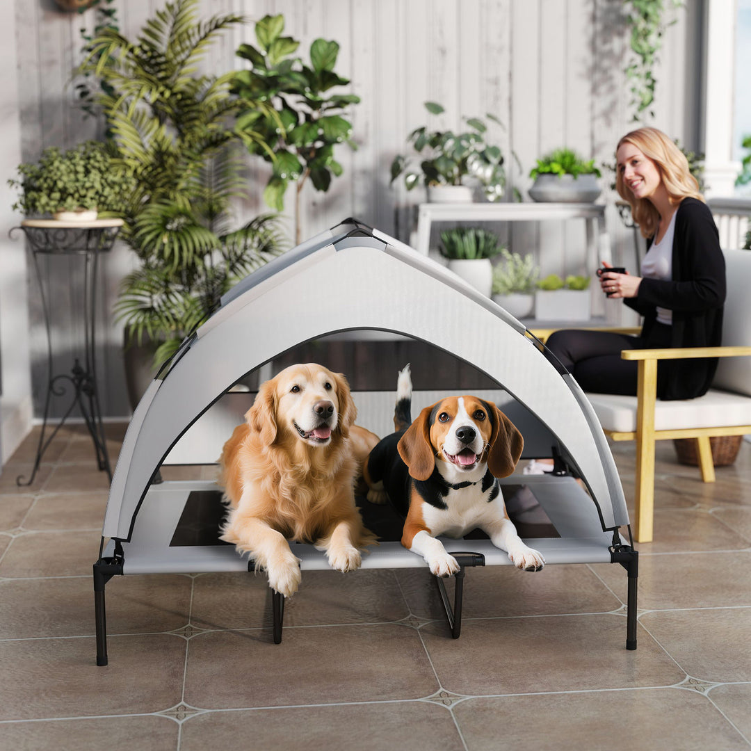 Udendørs hundeseng med tag, hævet hundeseng til ekstra store hunde, med stålramme, 122x92x94cm, lysegrå
