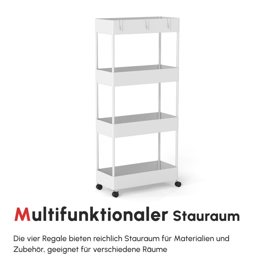 Køkkenvogn med 4 hylder, 4 fleksible kroge, 4 hjul, 40 cm x 19 cm x 90 cm, nichevogn, hvid