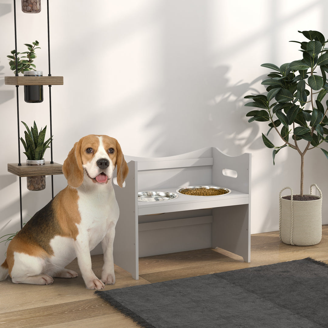 Foderstation til hunde, 2 skåle i rustfrit stål, højdejusterbar, 54x31,5x47cm, hvid