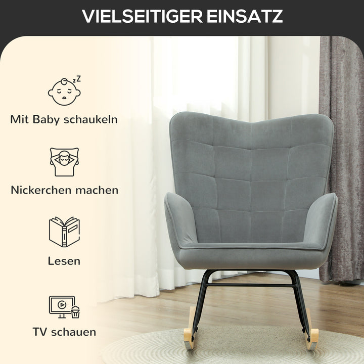 Vintage gyngestol, buede løbere, tykt polstring, bøgetræ og stål, mørkegrå