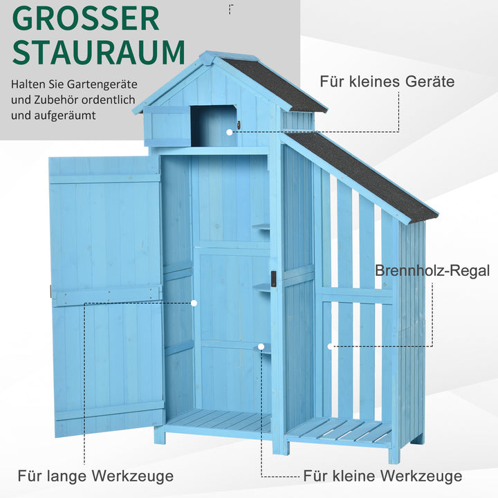 Haveskur med brændeopbevaring, skur med 3 hylder, asfalttag, fyrretræ, himmelblå, 130 x 54,5 x 180 cm