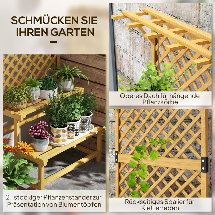 Plantestativ, blomsterhylde, 2 etager, med espalier og tag, fyrretræ, 75x50x166cm, gul