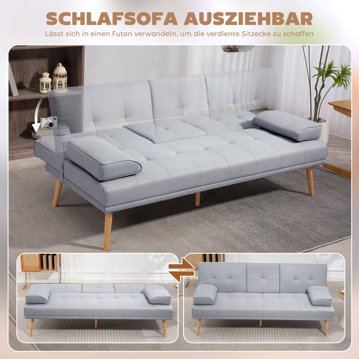 Sovesofa, 3-personers sofa, sovesofa med klapbord, kopholder, sovesofa med linnedlook, gæsteseng til stuen, lysegrå