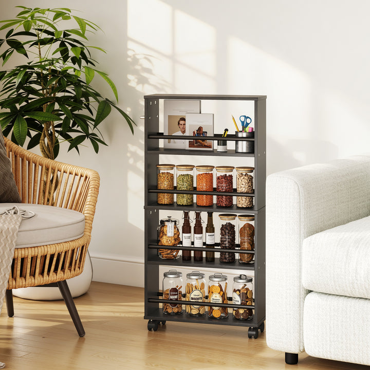 Multifunktionel hylde med hjul, slankt design, 4 rum, 45x15x91 cm, sort