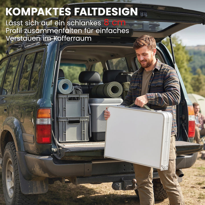 Sammenklappeligt campingkøkkenskab med aluminiumsramme, opbevaringsrum og bordplade til campingture, sølv
