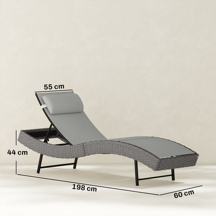 Polyrattan liggestol, S-formet havestol med justerbar ryglæn og nakkestøtte i 5 positioner, åndbar og UV-bestandig