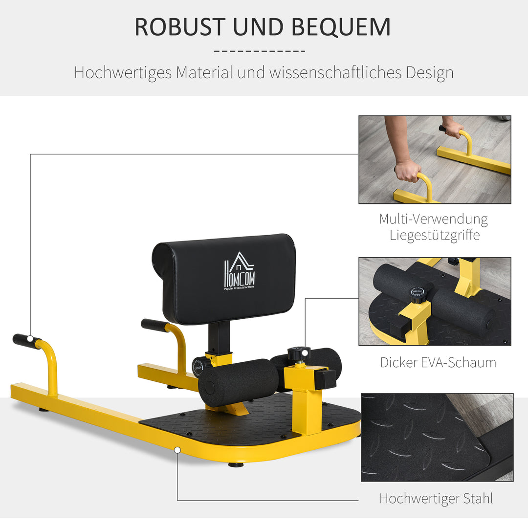 Sissy squat squat trainer bentræner mavetræner baldetræner 3 i 1 træner justerbar op til 120 kg stål gul+sort 50 x 97 x (44,5–56,5) cm
