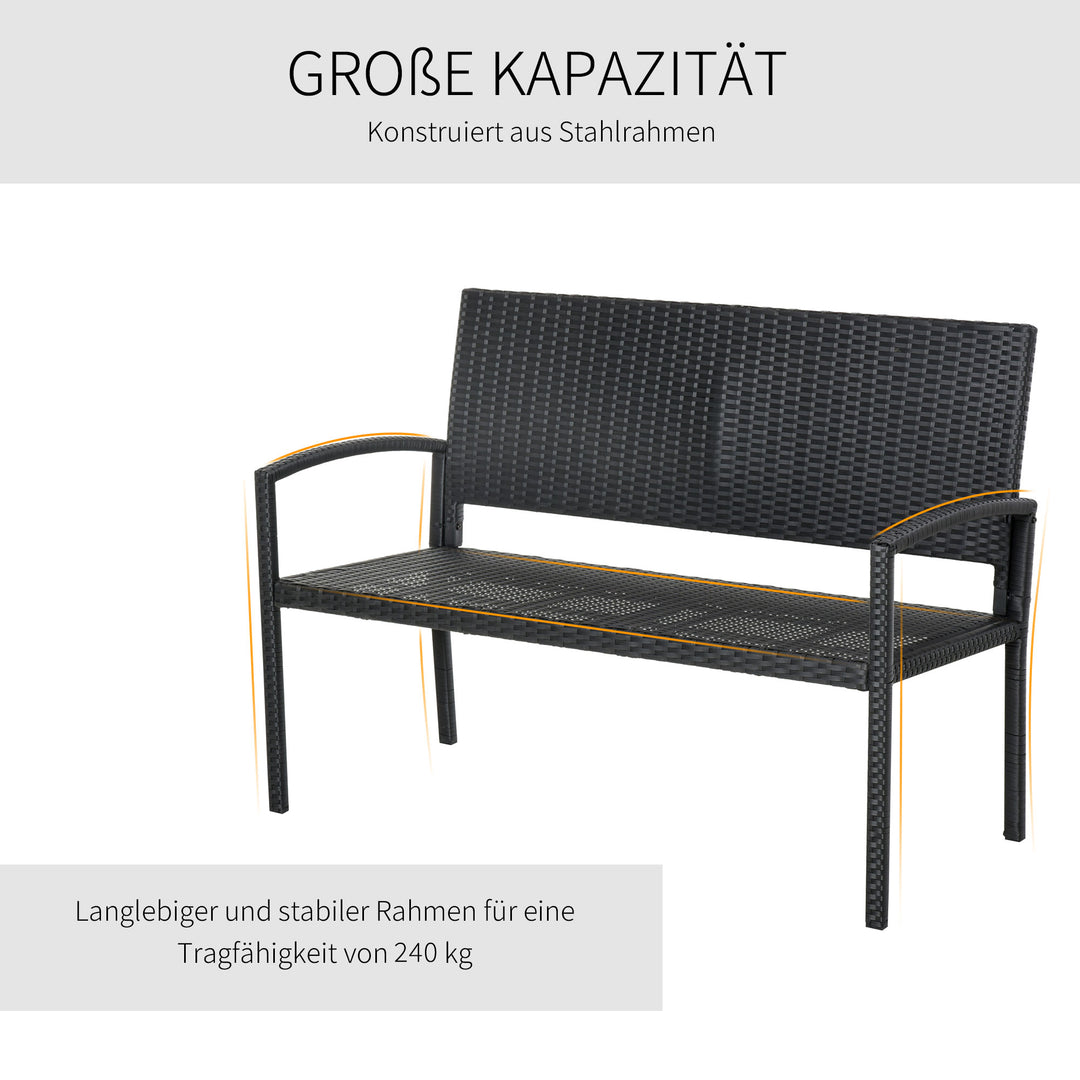 Havebænk, rattan-look, med stålstel, til 2 personer, sort, 122 x 60 x 85 cm