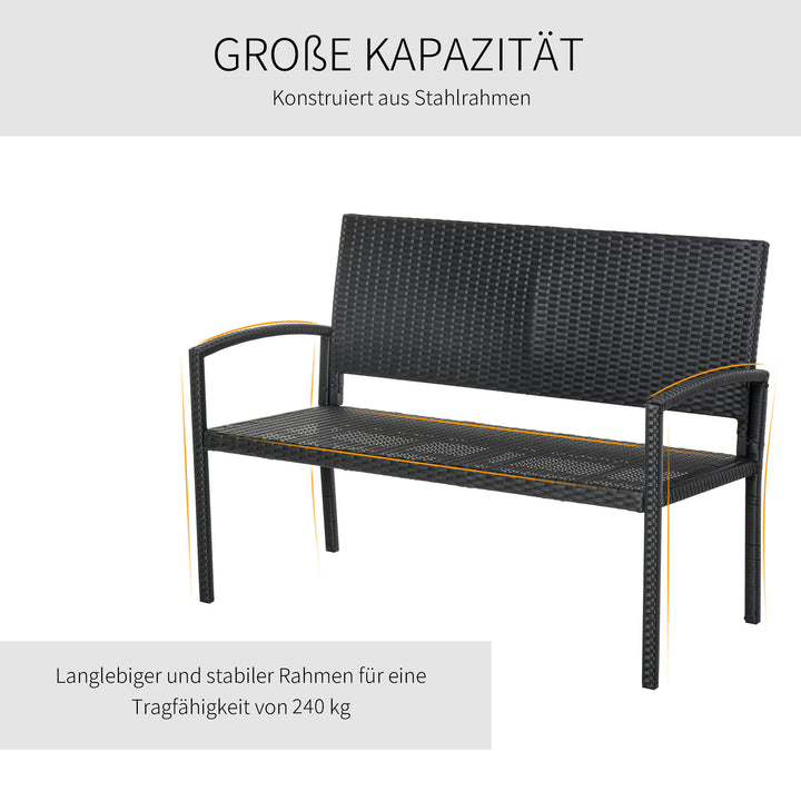 Havebænk, rattan-look, med stålstel, til 2 personer, sort, 122 x 60 x 85 cm
