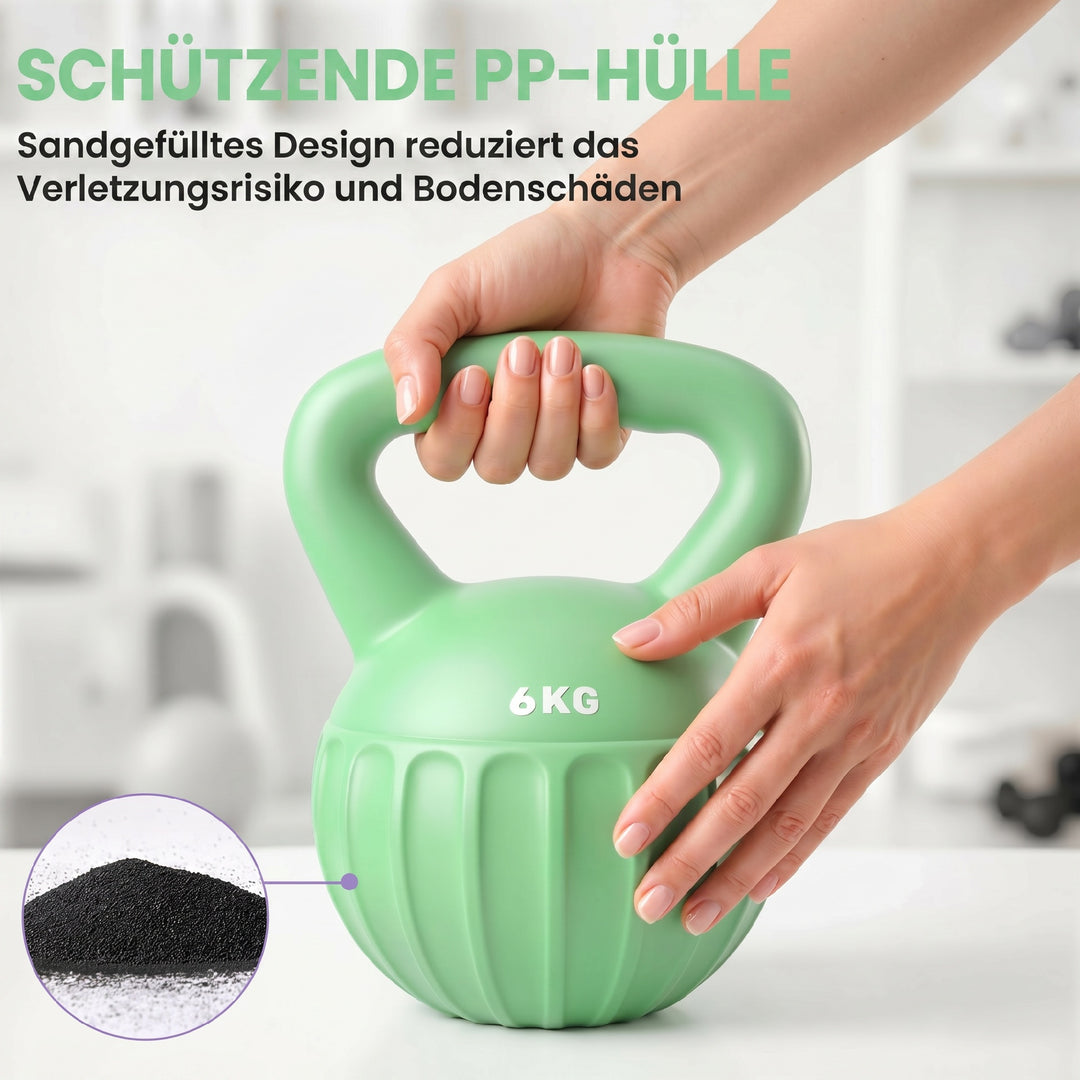 Kettlebell, 6 kg vægtstang fyldt med sand, til begyndere, styrketræning til hjemmet, 17 x 17 x 23 cm, grøn
