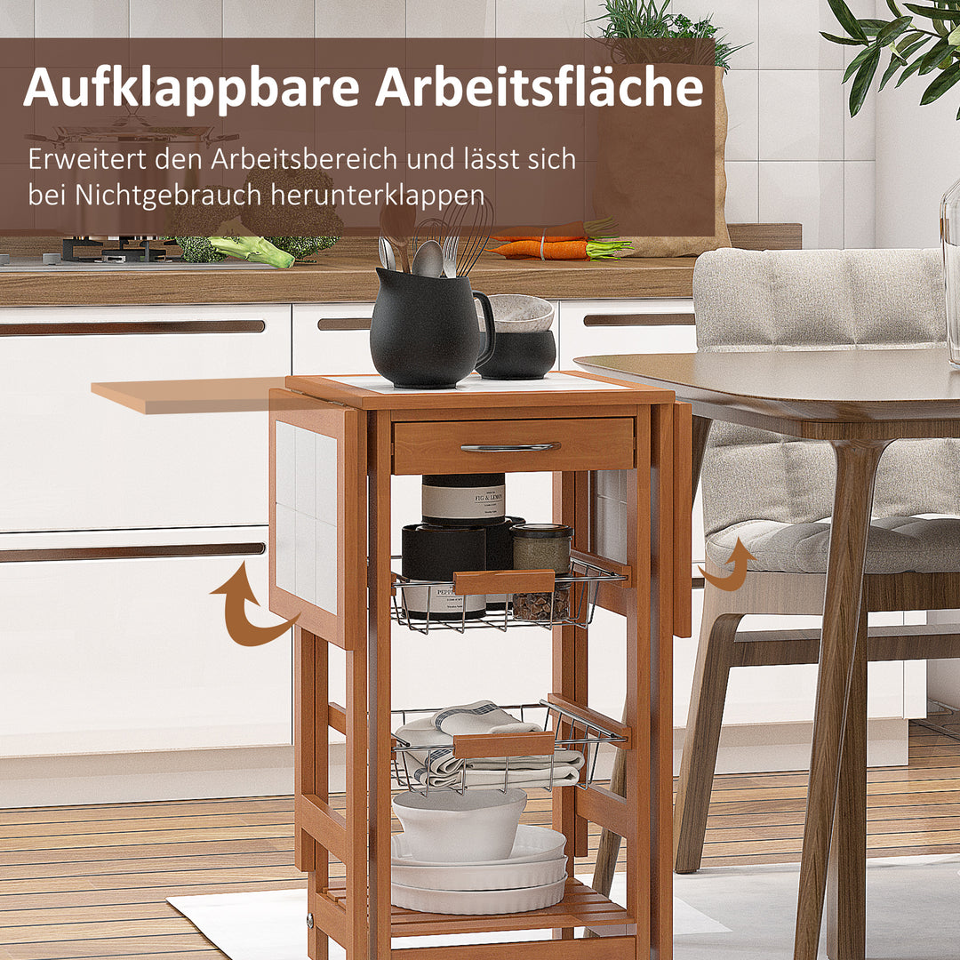 Serveringsvogn, køkkenvogn, to foldbare sideelementer, keramisk top, fyrretræ, 91 x 37 x 75 cm