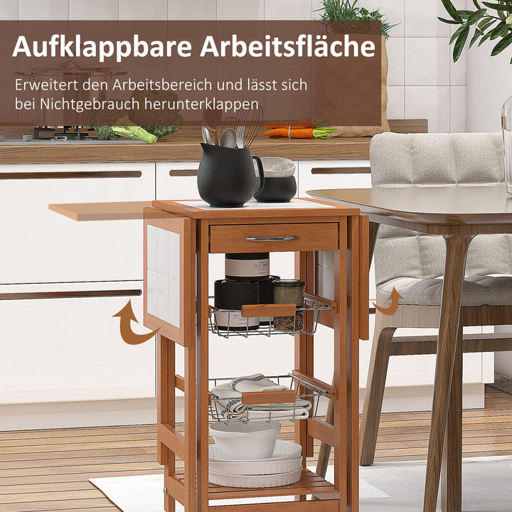 Serveringsvogn, køkkenvogn, to foldbare sideelementer, keramisk top, fyrretræ, 91 x 37 x 75 cm