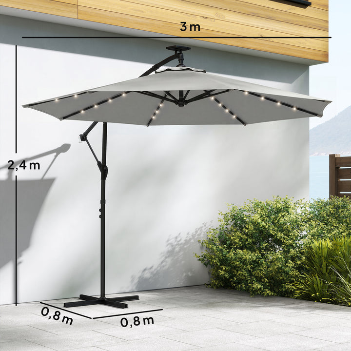 LED solcelledrevet parasol, ca. Ø300 cm, drejelig, med håndsving, beskyttelsesovertræk, lysegrå