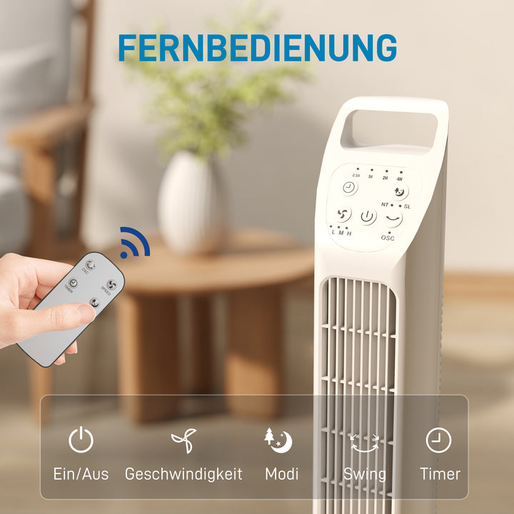 Tårnventilator med fjernbetjening, 7,5 timer, stille ventilator til soveværelset, hvid