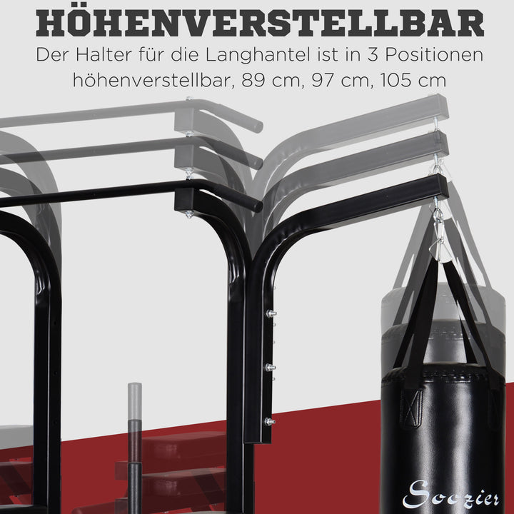 Power station med pull-up bar, multifunktionel dip station, hjemmetræningsudstyr, med boksesæk, fitness, stål, sort, 180 x 183 x 219 cm