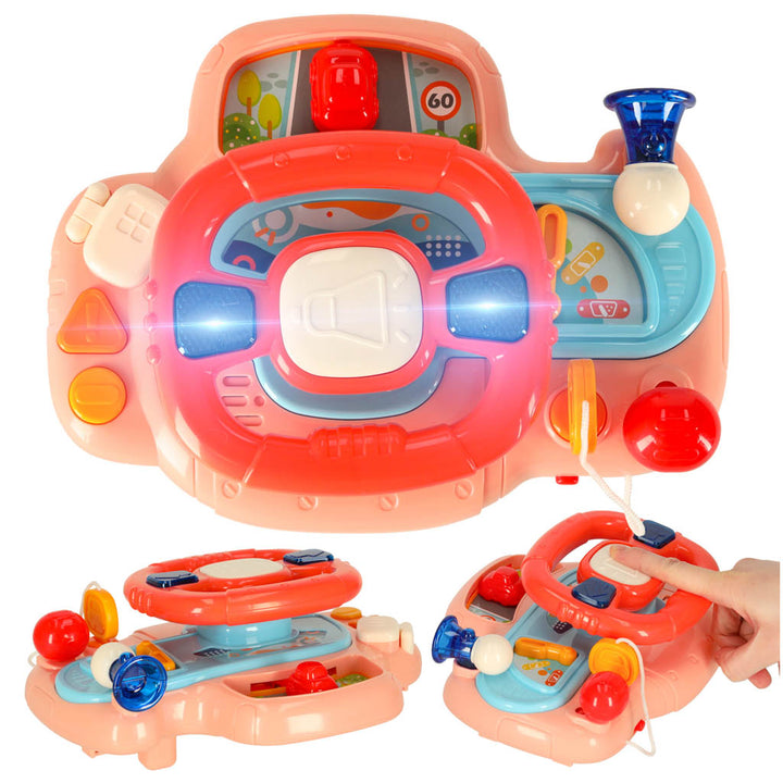 Interaktivt legetøjsrat til børn fra baby til småbørn til klapvognssimulator med musiklyde, pink