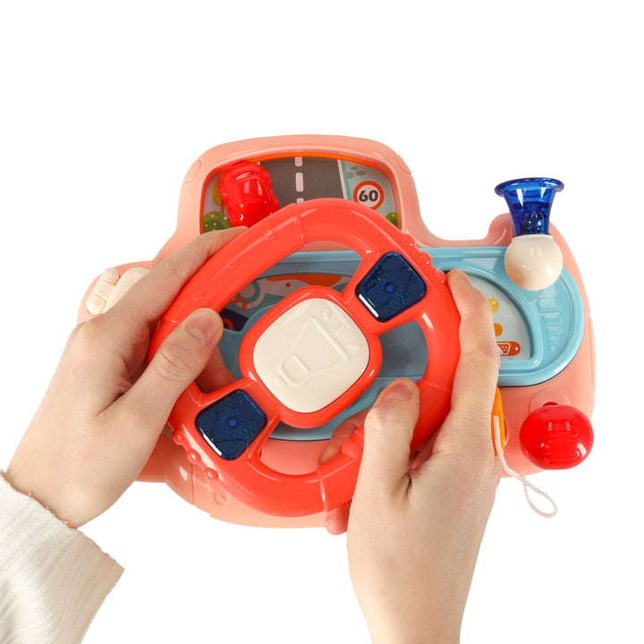 Interaktivt legetøjsrat til børn fra baby til småbørn til klapvognssimulator med musiklyde, pink