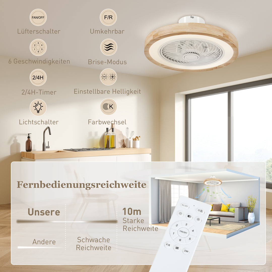 Loftventilator med lys og fjernbetjening, 6 hastigheder, justerbar lysstyrke, stille motor, lysebrun