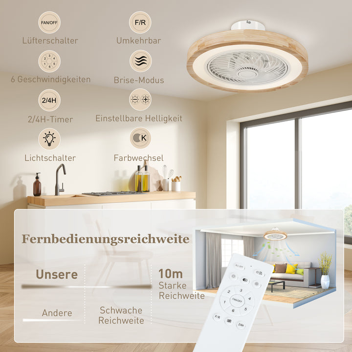 Loftventilator med lys og fjernbetjening, 6 hastigheder, justerbar lysstyrke, stille motor, lysebrun