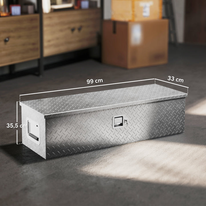 Robust opbevaringskasse i aluminium med sidehåndtag, lås og nøgler, værktøjskasse, 99 x 33 x 25,5 cm