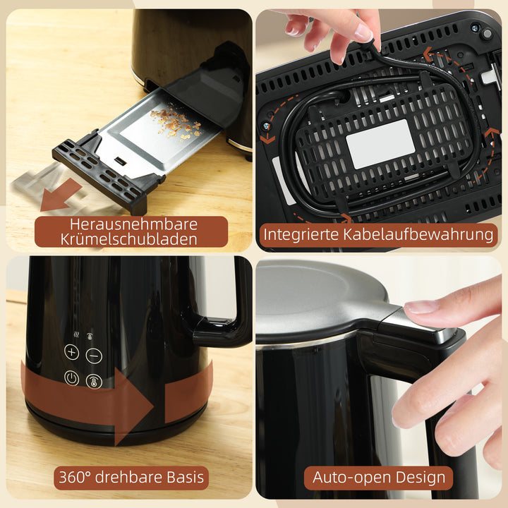 Køkkensæt med elkedel og brødrister, 7 bruningsniveauer, hurtig tilberedning, rustfrit stål, plastik, sort