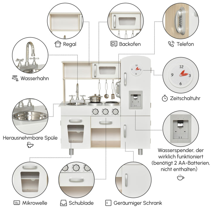 Børnekøkken med tilbehør, drømmekøkken, legekøkken, legekøkken til børn fra 3 år, fyrretræ, mdf, hvid, 74 x 30 x 81 cm