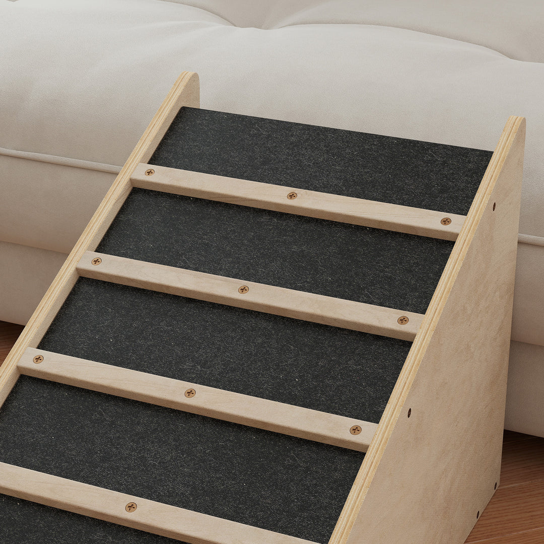 Kæledyrstrappe, hundetrappe, fyrretræ, skridsikker belægning, 90 cm x 40 cm x 45 cm, natur + grå