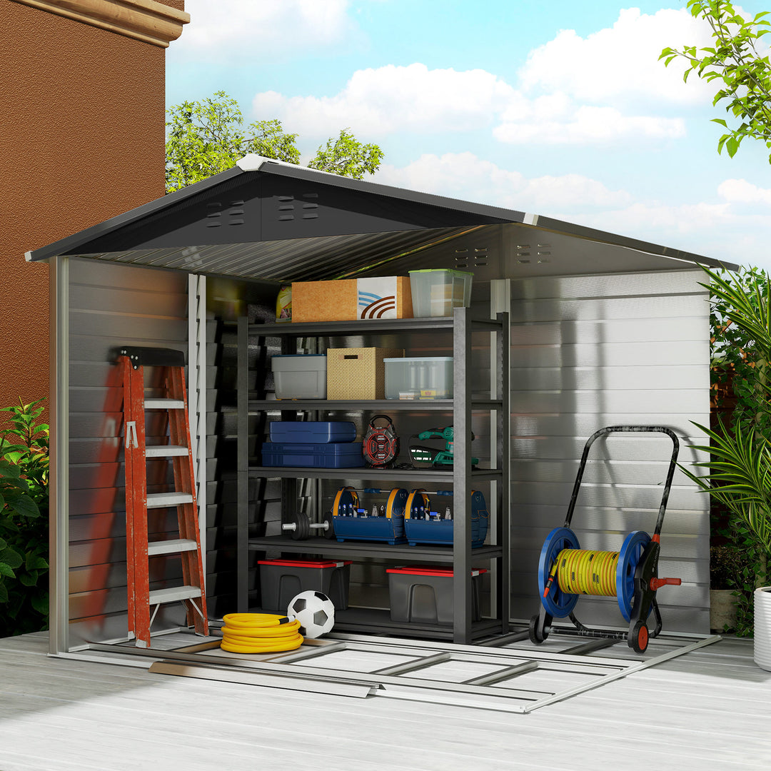 Metalredskabsskur, vejrbestandigt og rustbestandigt, aflåseligt, 2,40 x 2,06 x 1,98 m, teaktræ